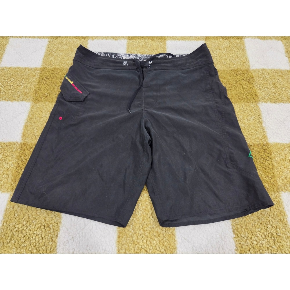 Volcom Board Shorts Mens 36 Black Rasta Embroidered Stone Logo Swim Trunks